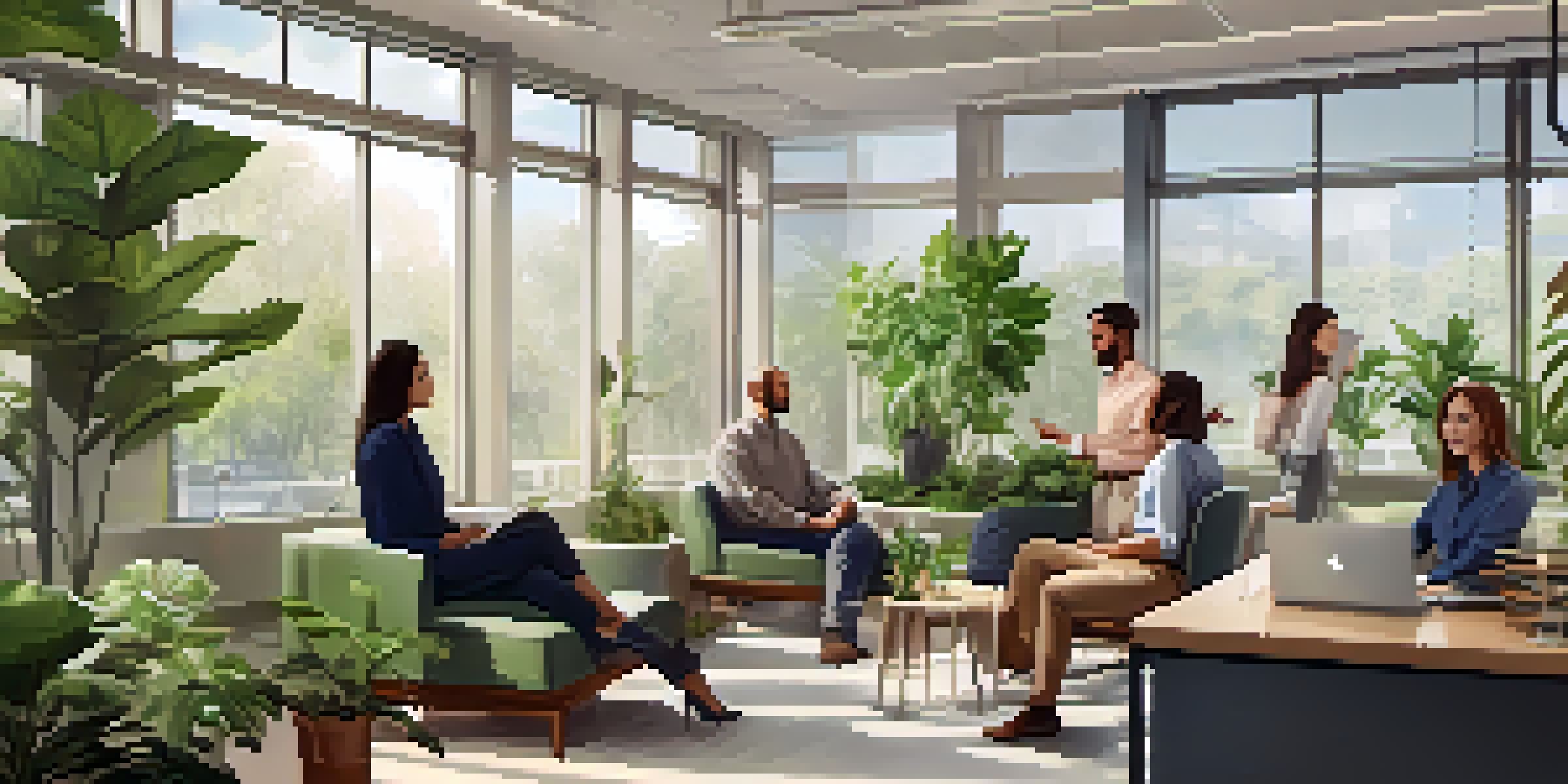 A group of diverse employees conversing in a bright, plant-filled office, emphasizing a supportive work environment.