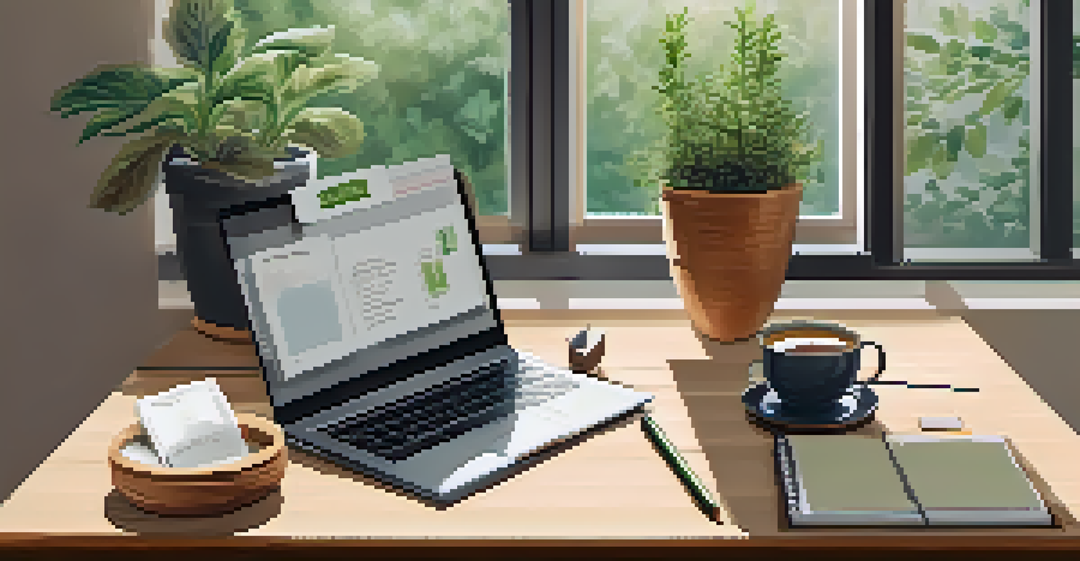 An organized workspace with a laptop, a cup of tea, and an open planner filled with financial goals, bathed in natural light.