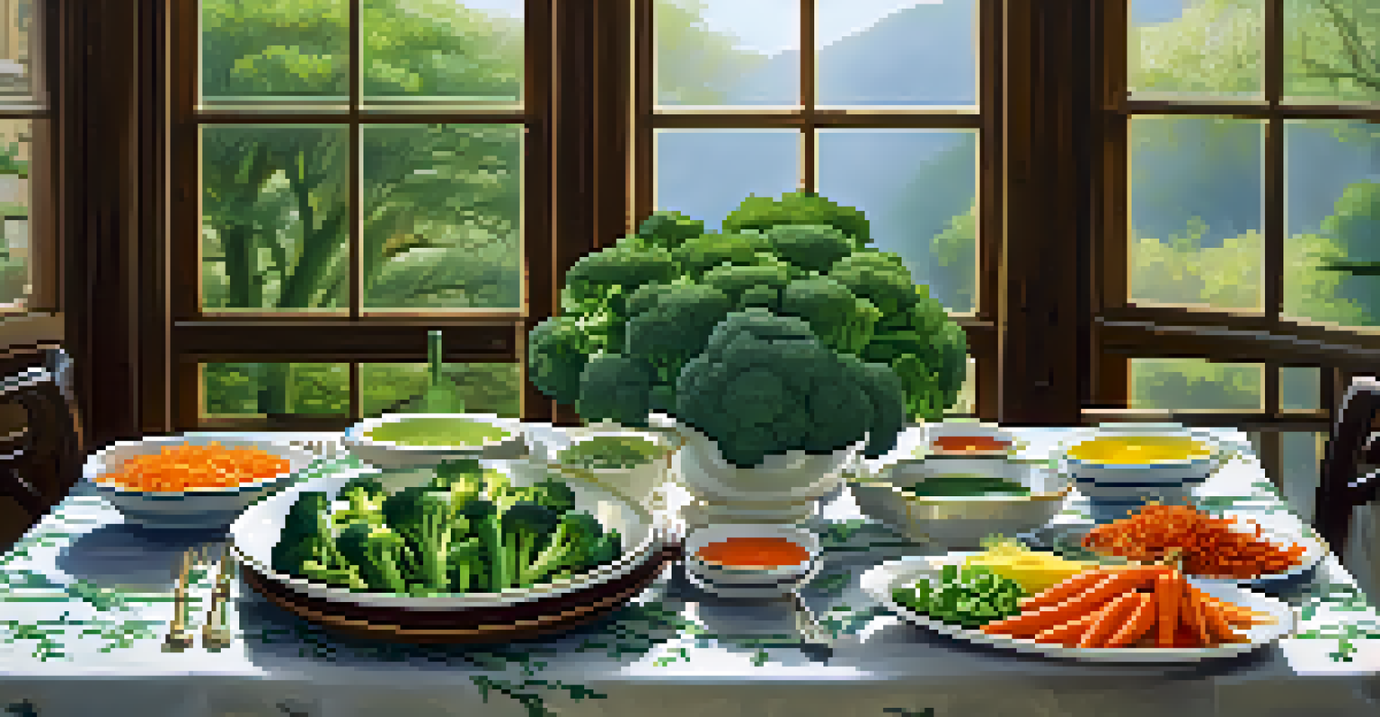 A dining table with a bamboo steamer of steamed vegetables, small bowls of sauces, and a fresh salad, illuminated by natural light.