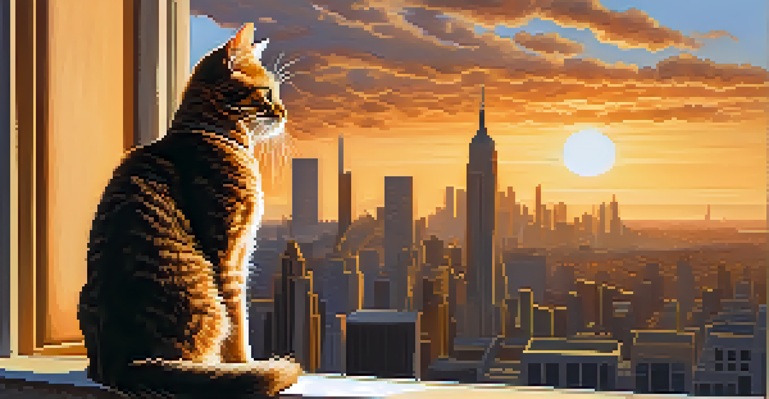 A close-up of a cat on a windowsill at sunset, with its fur illuminated and a city skyline in the background, reflecting a moment of tranquility amidst urban life.