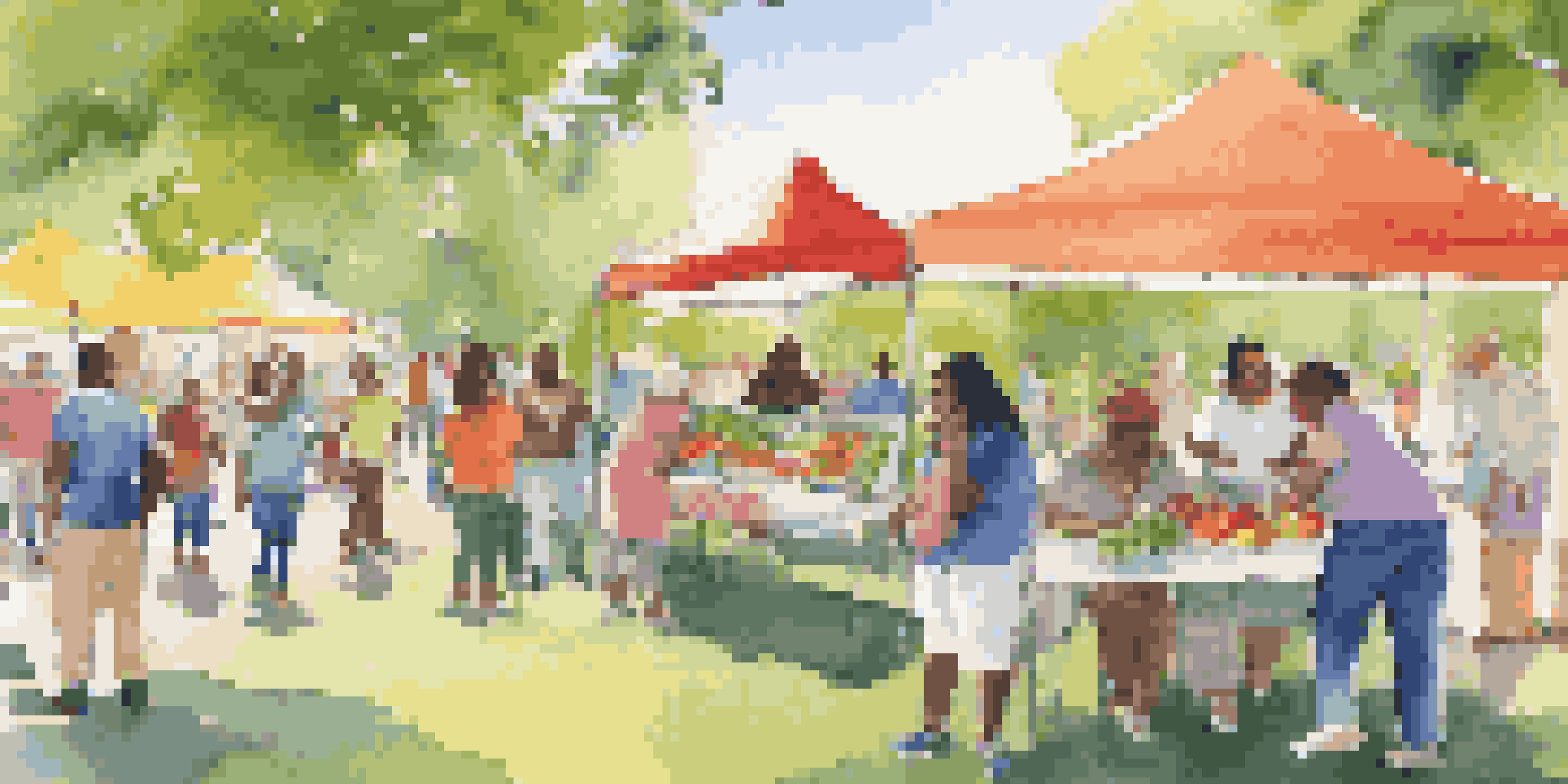 A community health fair in a park with diverse participants, colorful booths, and fresh produce under sunny skies.