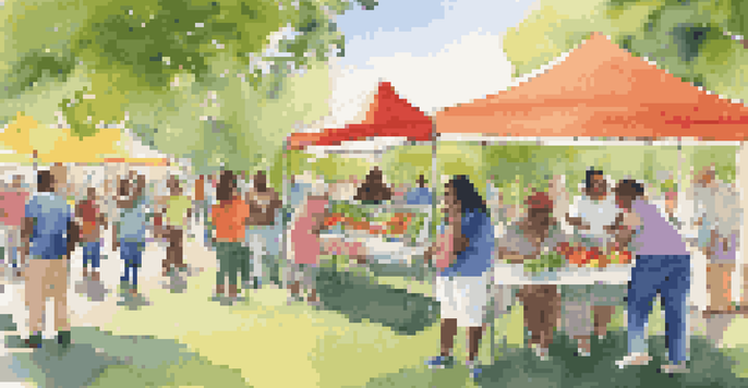 A community health fair in a park with diverse participants, colorful booths, and fresh produce under sunny skies.