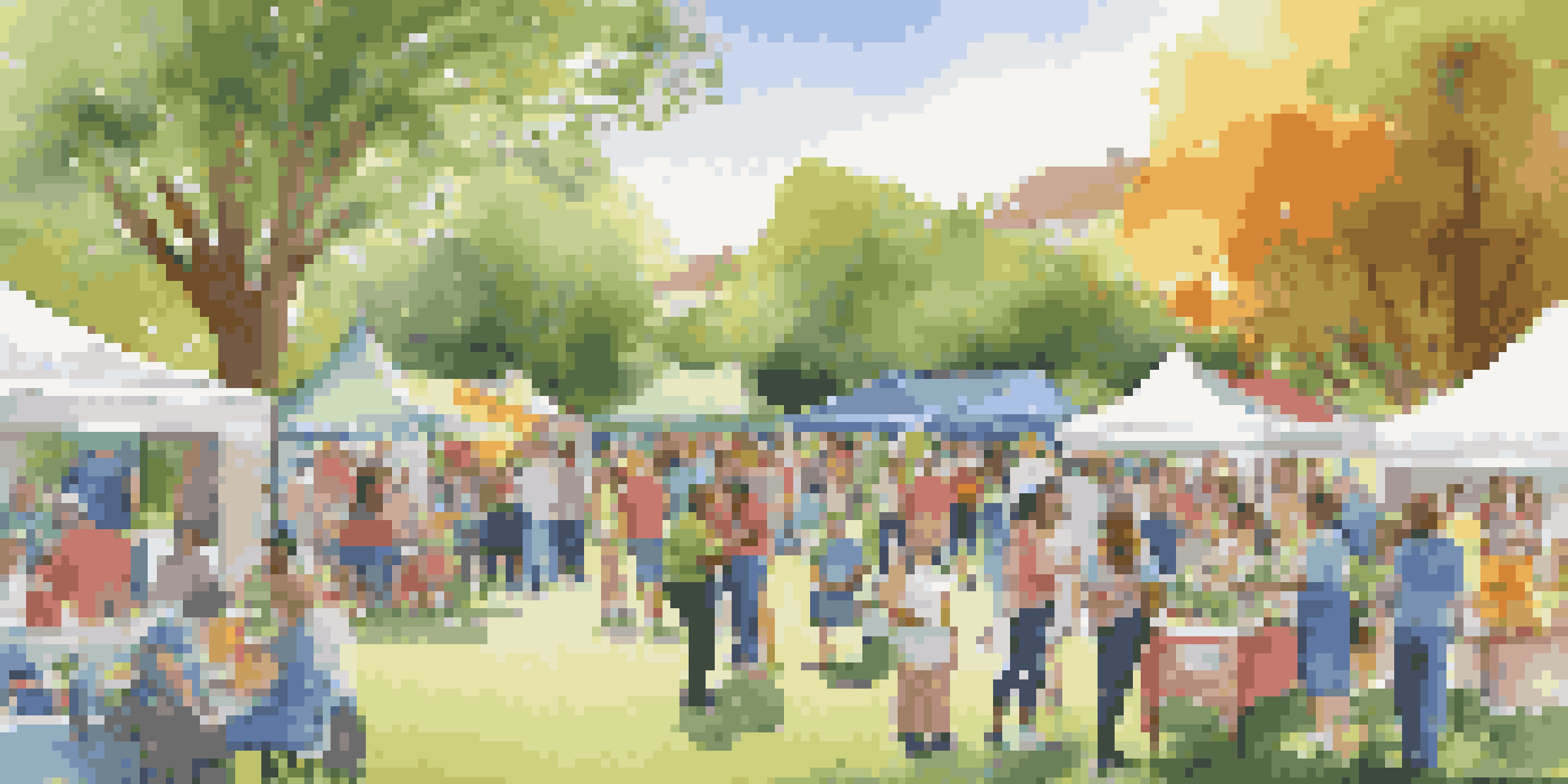 A lively community health fair with diverse individuals engaging with health professionals and colorful booths.