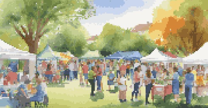 A lively community health fair with diverse individuals engaging with health professionals and colorful booths.