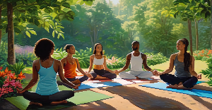 A diverse group practicing yoga in a beautiful green outdoor setting, showcasing mindfulness and community in holistic wellness.