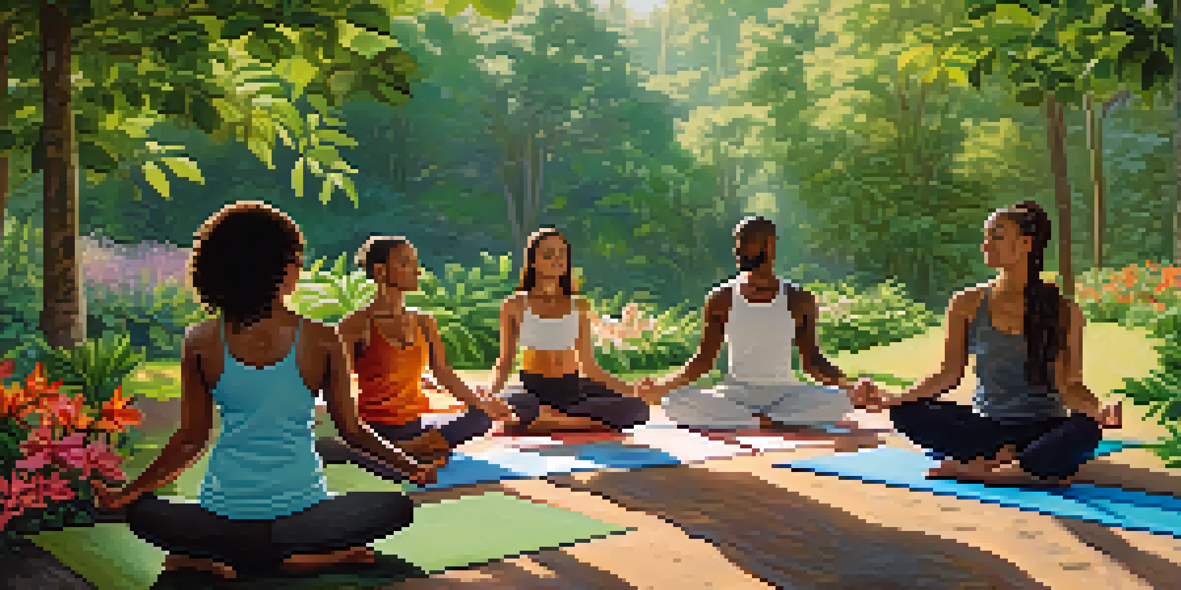 A diverse group practicing yoga in a beautiful green outdoor setting, showcasing mindfulness and community in holistic wellness.