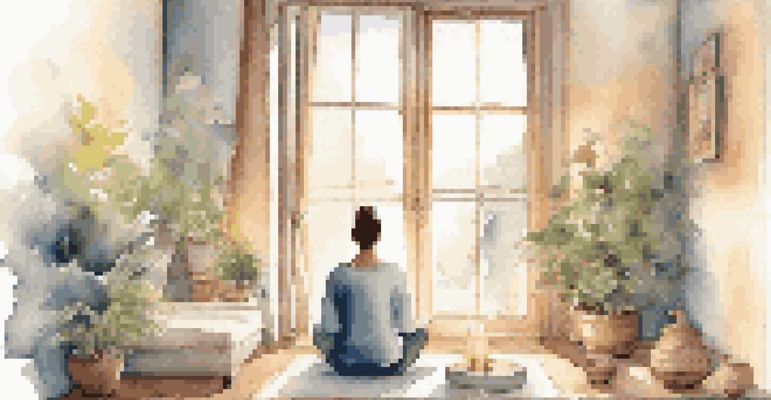 A serene meditation scene in a peaceful room with cushions and candles, featuring a person practicing mindfulness.