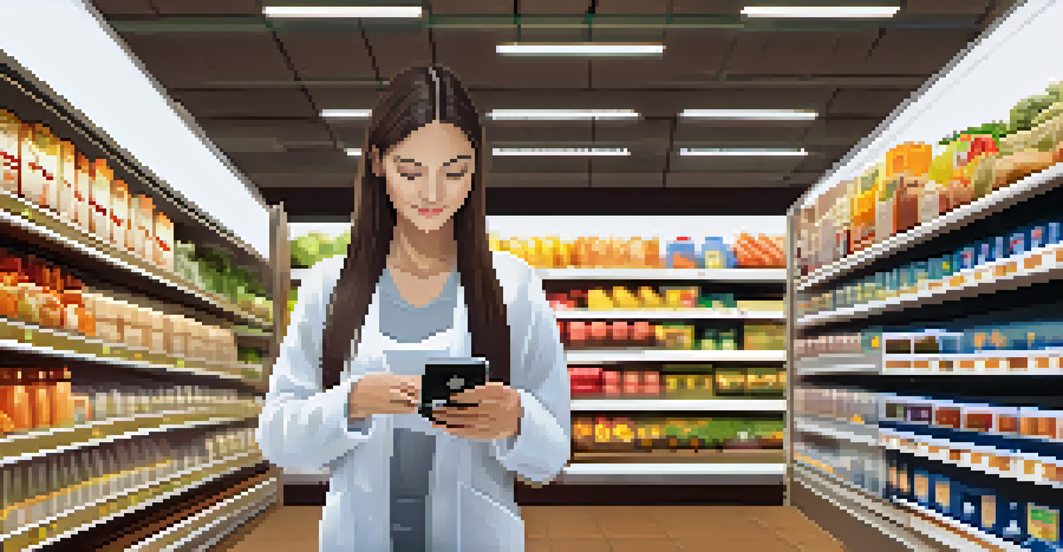 A woman scanning a food product with her smartphone in a grocery store, showing an allergen alert on the screen.