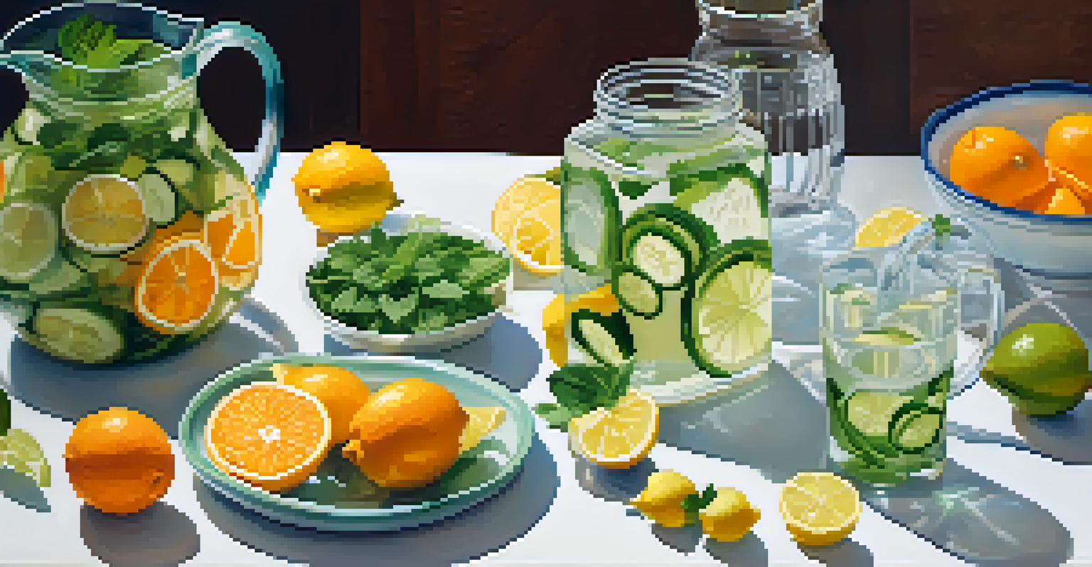 An overhead view of a hydration station with cucumbers, oranges, and infused water, emphasizing the importance of hydration.