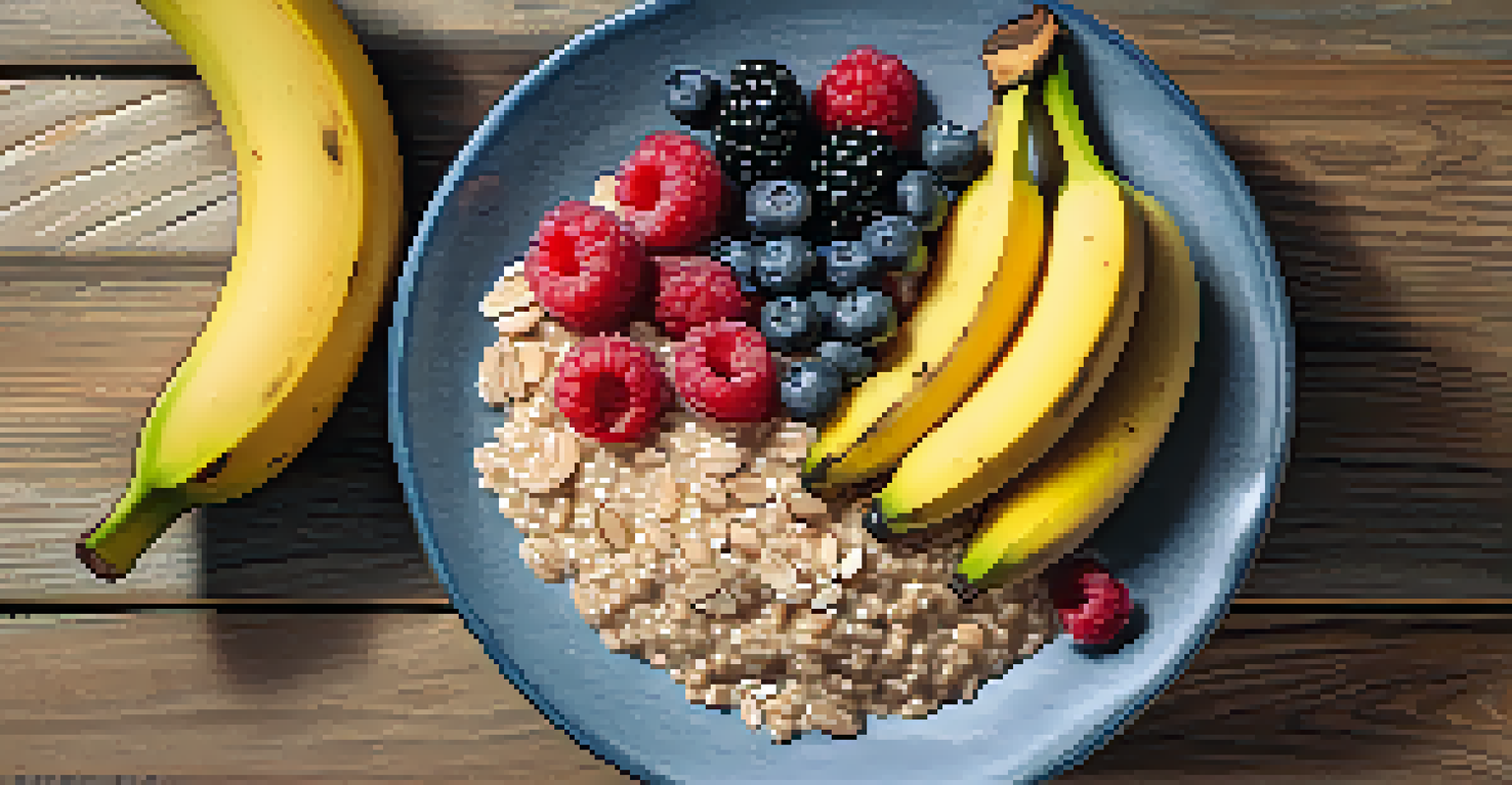 A close-up of a nutritious pre-workout meal featuring a banana with almond butter, oatmeal with berries, and a glass of water.