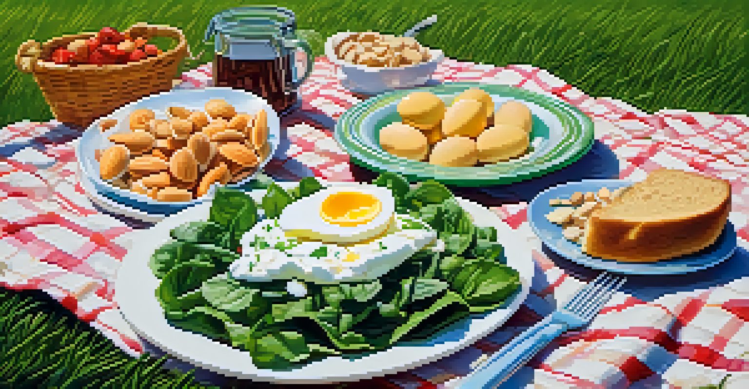 An outdoor picnic featuring a spinach salad, yogurt with almonds, and boiled eggs on a blanket in green grass under sunlight.
