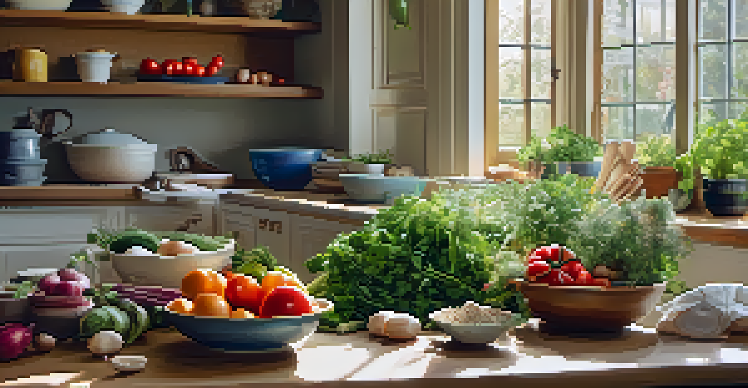 A calm kitchen countertop filled with fresh ingredients, sunlight illuminating the colorful vegetables and herbs.