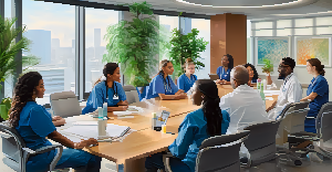 A diverse group of healthcare professionals in a meeting room, discussing patient engagement strategies.