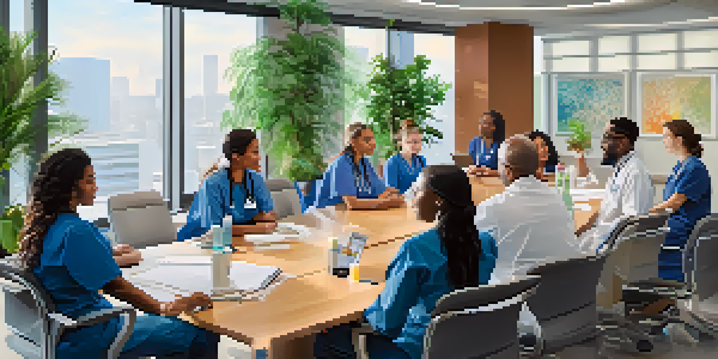 A diverse group of healthcare professionals in a meeting room, discussing patient engagement strategies.