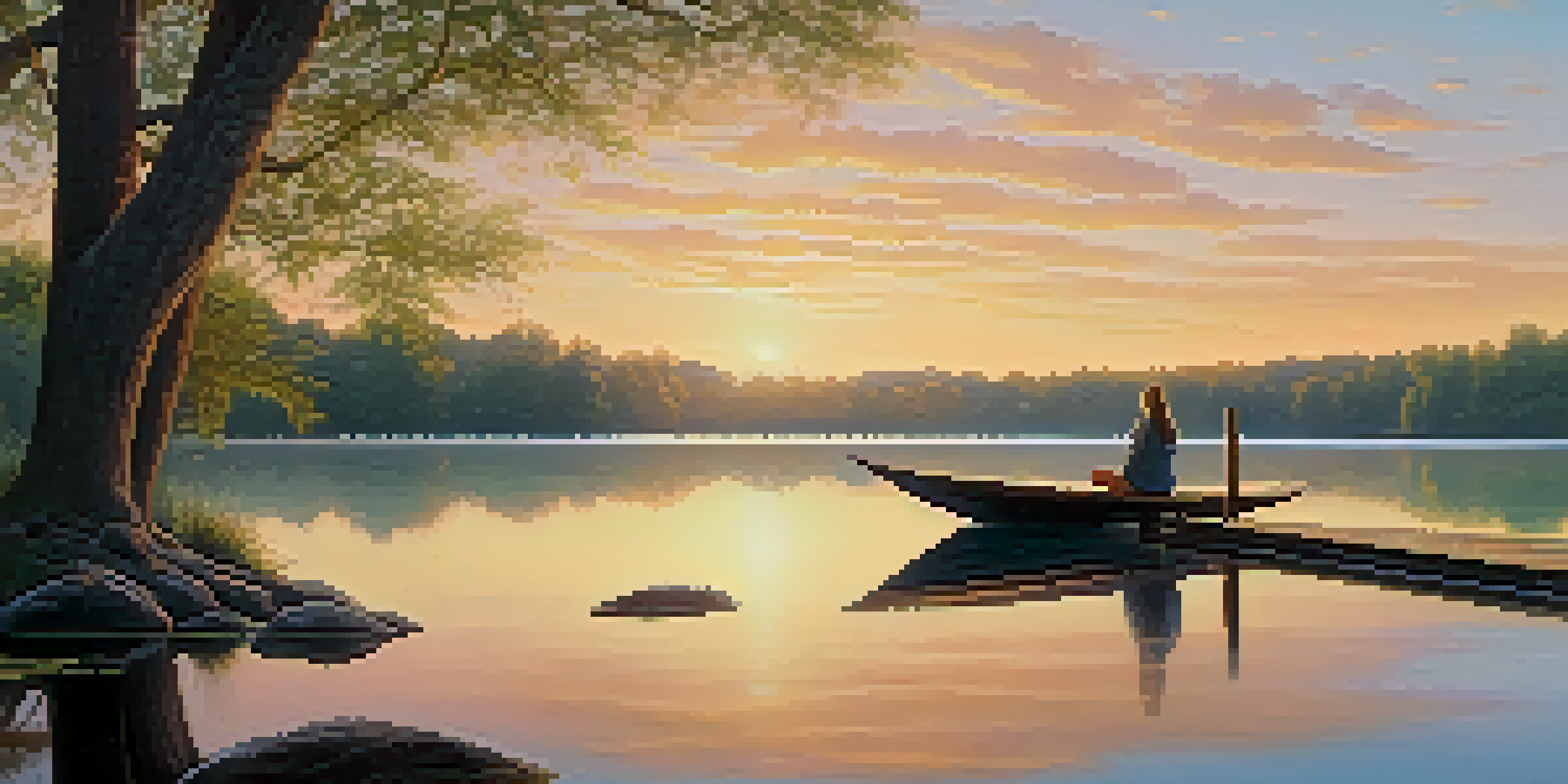 A tranquil scene of a person sitting on a dock by a lake at sunrise, reflecting a moment of mindfulness and self-compassion.