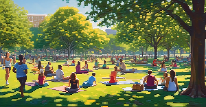A lively urban park with people engaging in activities like jogging and yoga, surrounded by green trees and colorful flowers under a bright blue sky.