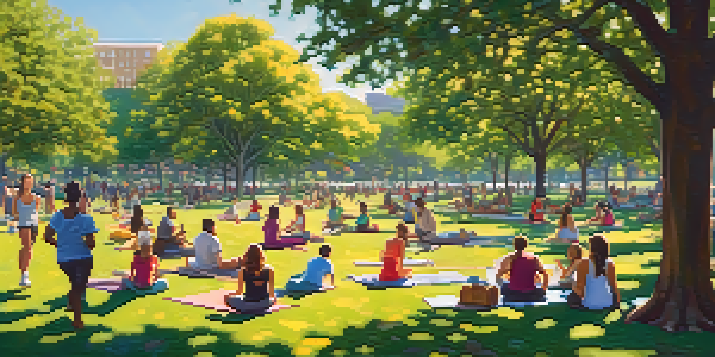 A lively urban park with people engaging in activities like jogging and yoga, surrounded by green trees and colorful flowers under a bright blue sky.