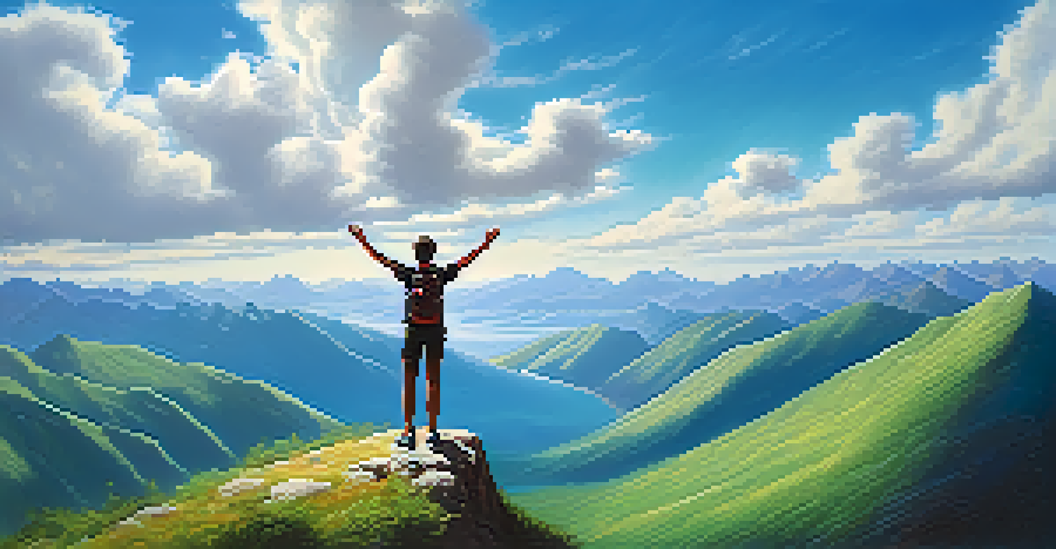 A young adult standing triumphantly on a mountain peak, overlooking a lush valley, with a clear blue sky, symbolizing the achievement of financial goals.