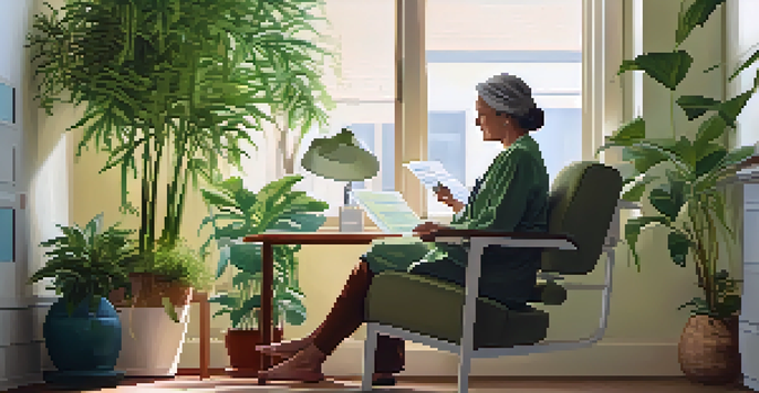 A doctor and patient in a bright office discussing health screening results with plants and sunlight around them.