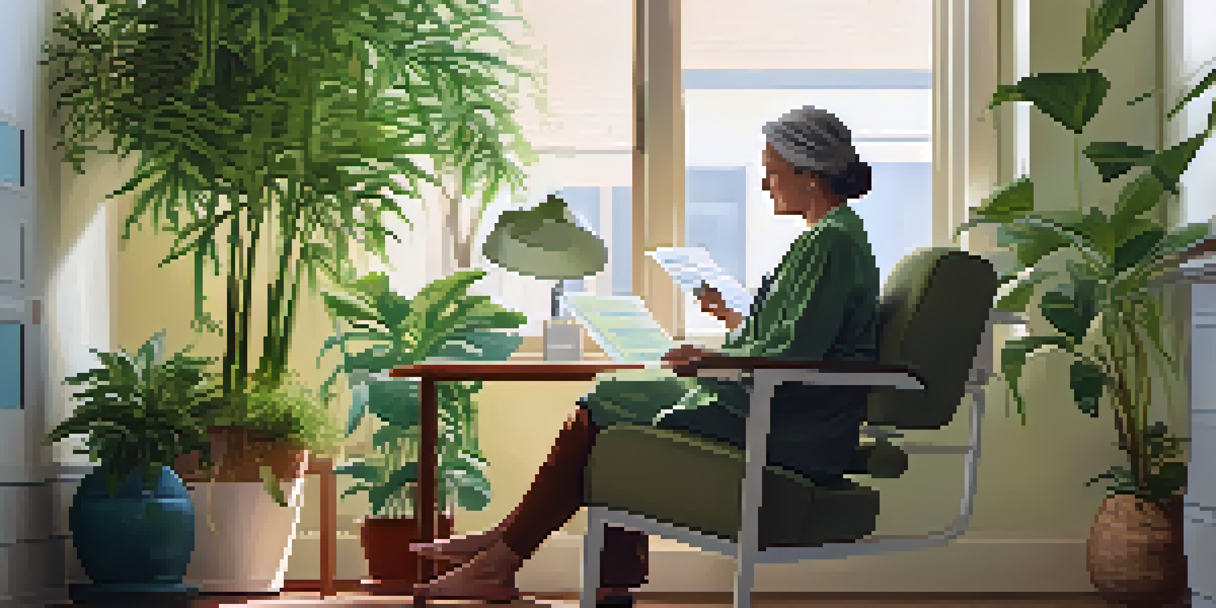 A doctor and patient in a bright office discussing health screening results with plants and sunlight around them.