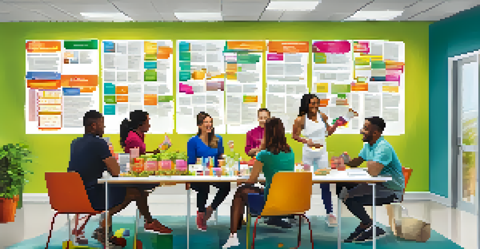 An office break room where employees share healthy snacks and engage in a wellness challenge.