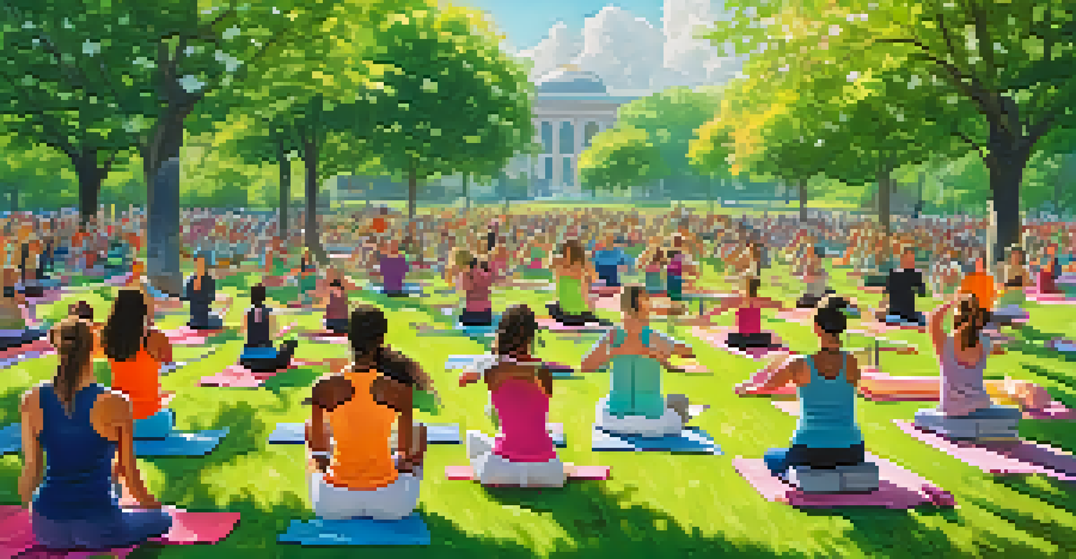 A lively outdoor fitness class in a park with diverse people dancing and exercising together, surrounded by colorful flowers and trees under bright sunlight.