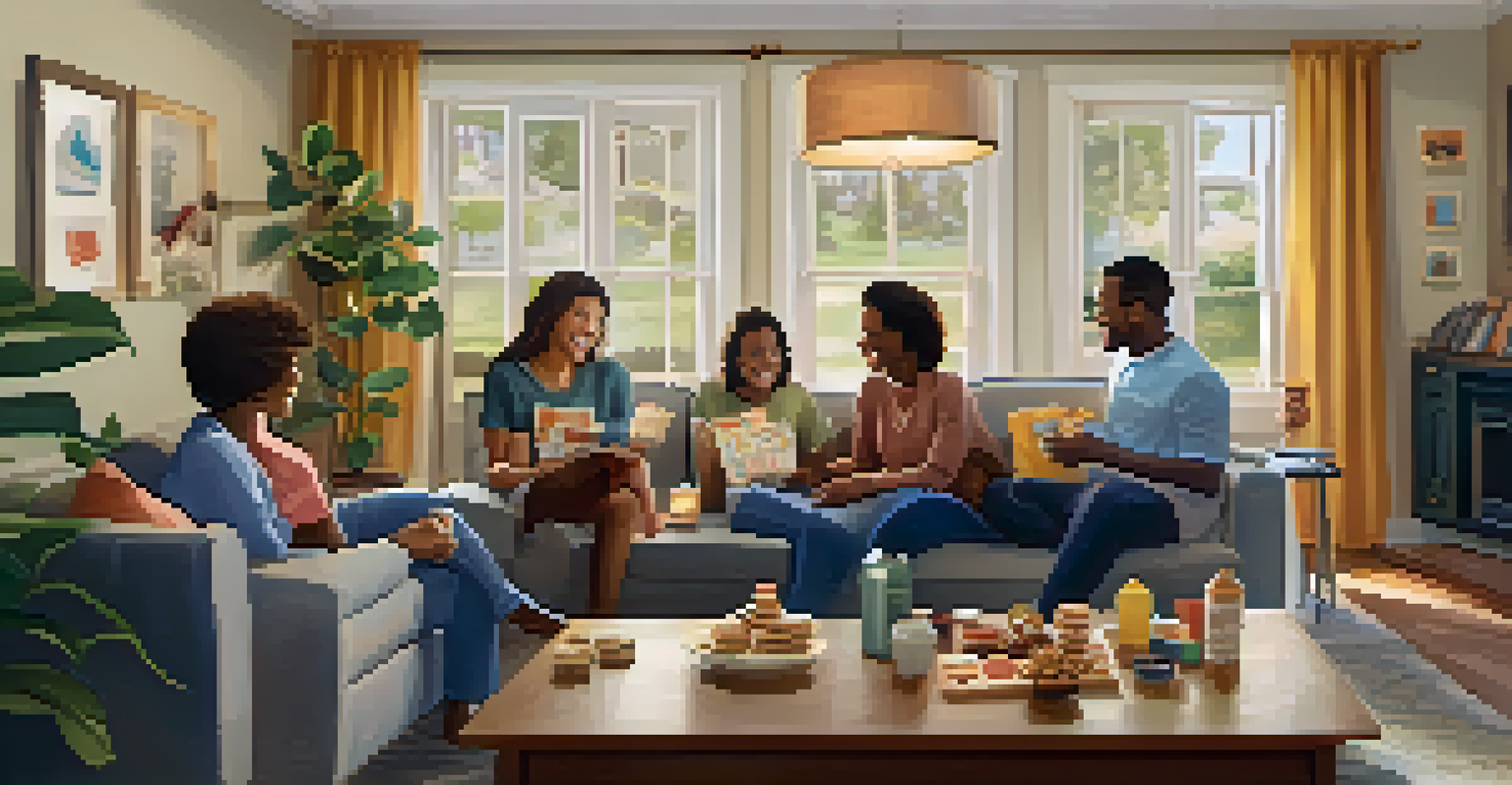 Family enjoying a game night in a cozy living room, filled with laughter and snacks.