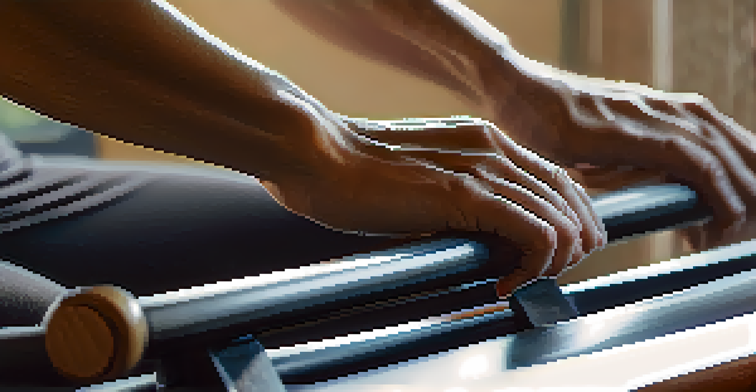 A close-up of hands gripping a Pilates reformer, showcasing the textured surface and the person's forearms in soft sunlight.