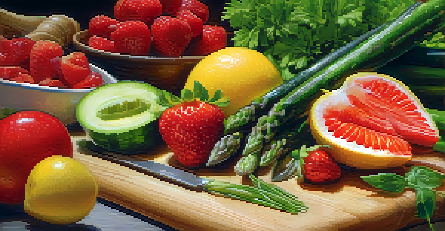 A close-up of a cutting board with fresh seasonal fruits and vegetables, with a chef's hands chopping herbs in a softly blurred background.