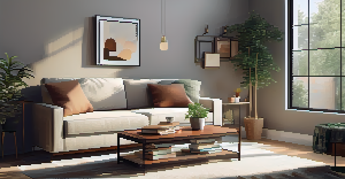 A cozy living room with a couch, cushions, and a coffee table with a plant and books, illuminated by natural light.