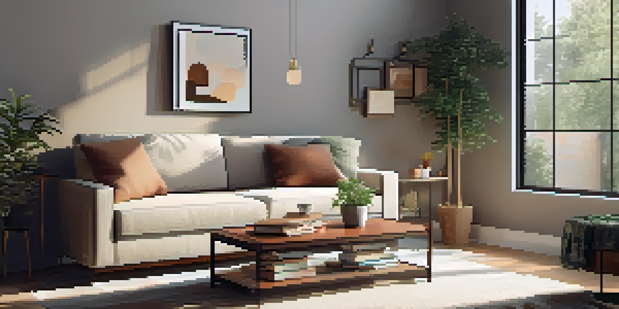 A cozy living room with a couch, cushions, and a coffee table with a plant and books, illuminated by natural light.