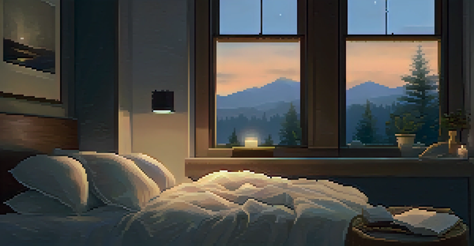 A peaceful bedroom with a cozy bed, soft pillows, a warm blanket, gentle moonlight, and a bedside table with melatonin supplements and herbal tea.