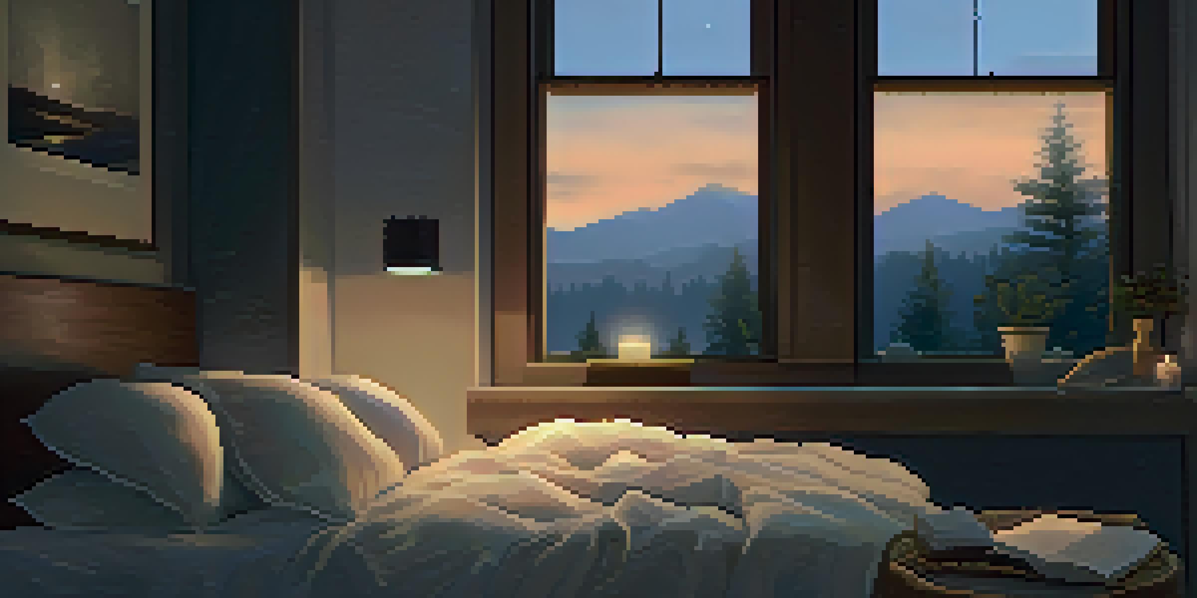 A peaceful bedroom with a cozy bed, soft pillows, a warm blanket, gentle moonlight, and a bedside table with melatonin supplements and herbal tea.