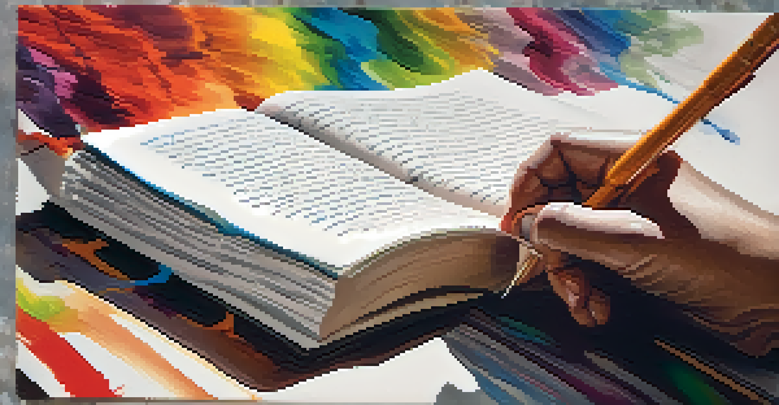 A close-up of a hand writing in a journal, with colorful ink and a warm, textured background.