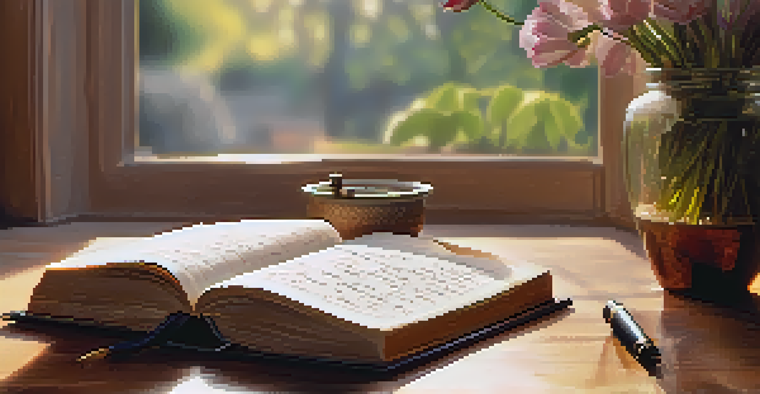 A gratitude journal open on a wooden table with handwritten notes, a cup of tea, and fresh flowers, illuminated by soft morning light.