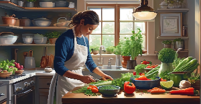 A person chopping colorful vegetables in a warm, inviting kitchen filled with fresh produce and soft lighting.