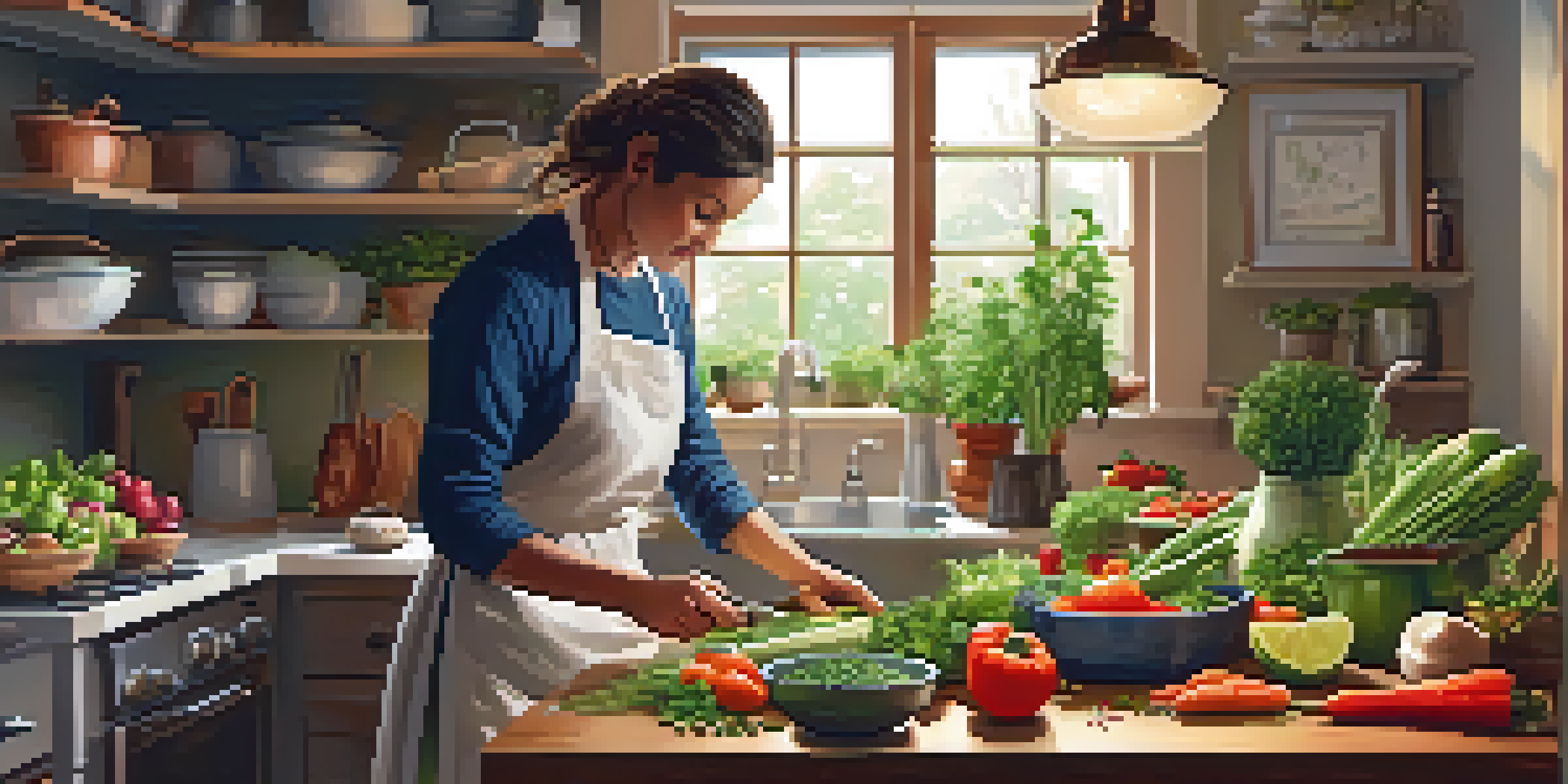 A person chopping colorful vegetables in a warm, inviting kitchen filled with fresh produce and soft lighting.
