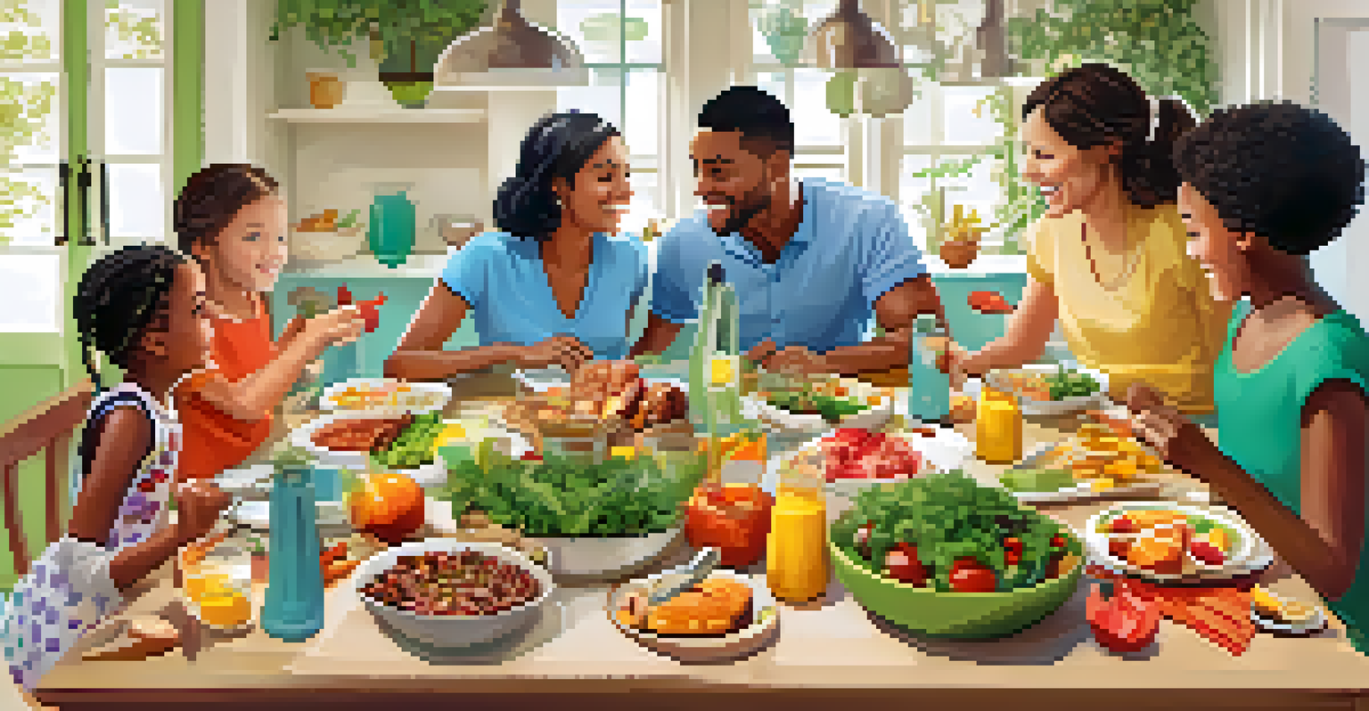 A family dinner table with kids discussing food safety while enjoying healthy dishes in a bright and colorful setting.