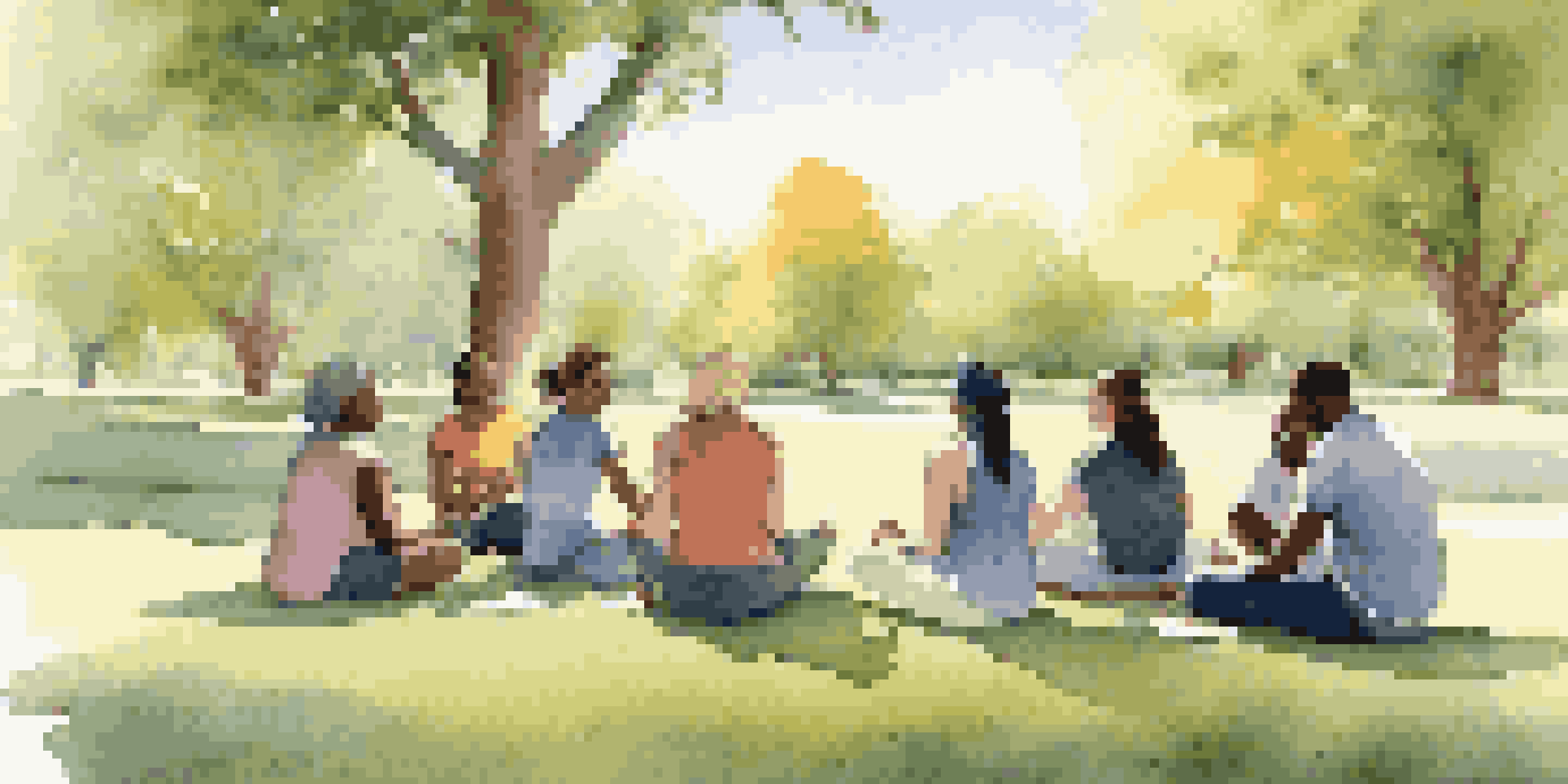 A diverse group of individuals participating in an outdoor support group session, sitting in a circle on the grass, bathed in warm sunlight.