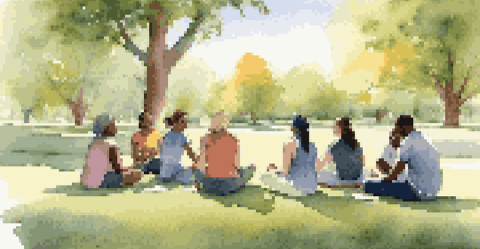 A diverse group of individuals participating in an outdoor support group session, sitting in a circle on the grass, bathed in warm sunlight.