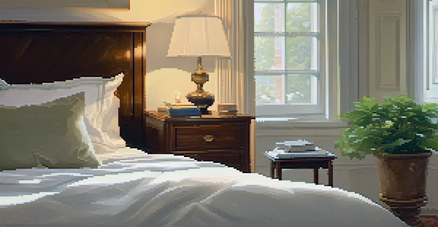 A cozy bedroom with a neatly made bed and warm lighting, promoting a peaceful atmosphere.