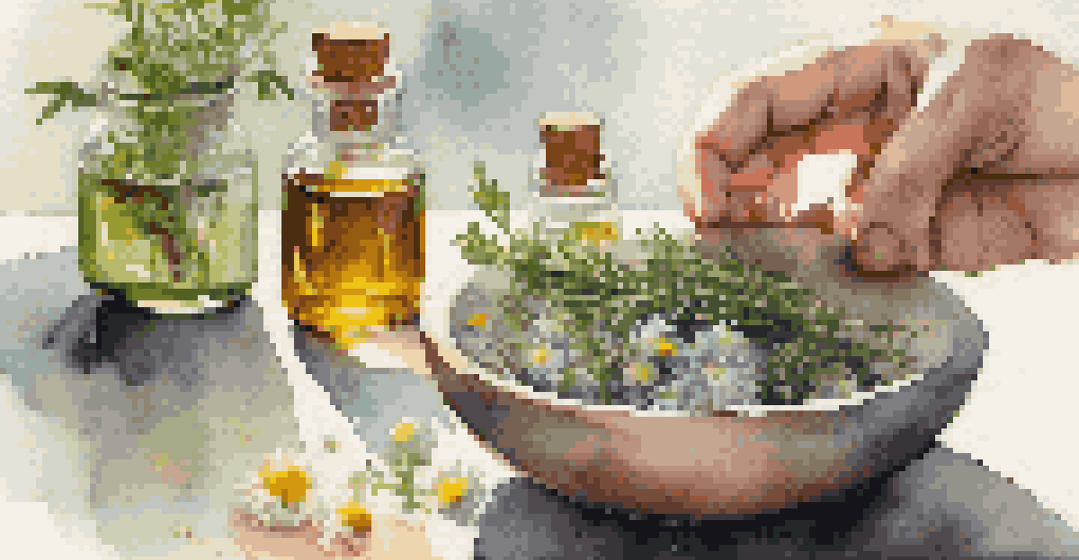 A close-up of a hand mixing essential oils in a bowl, surrounded by colorful oil bottles and fresh herbs on a warmly lit table.