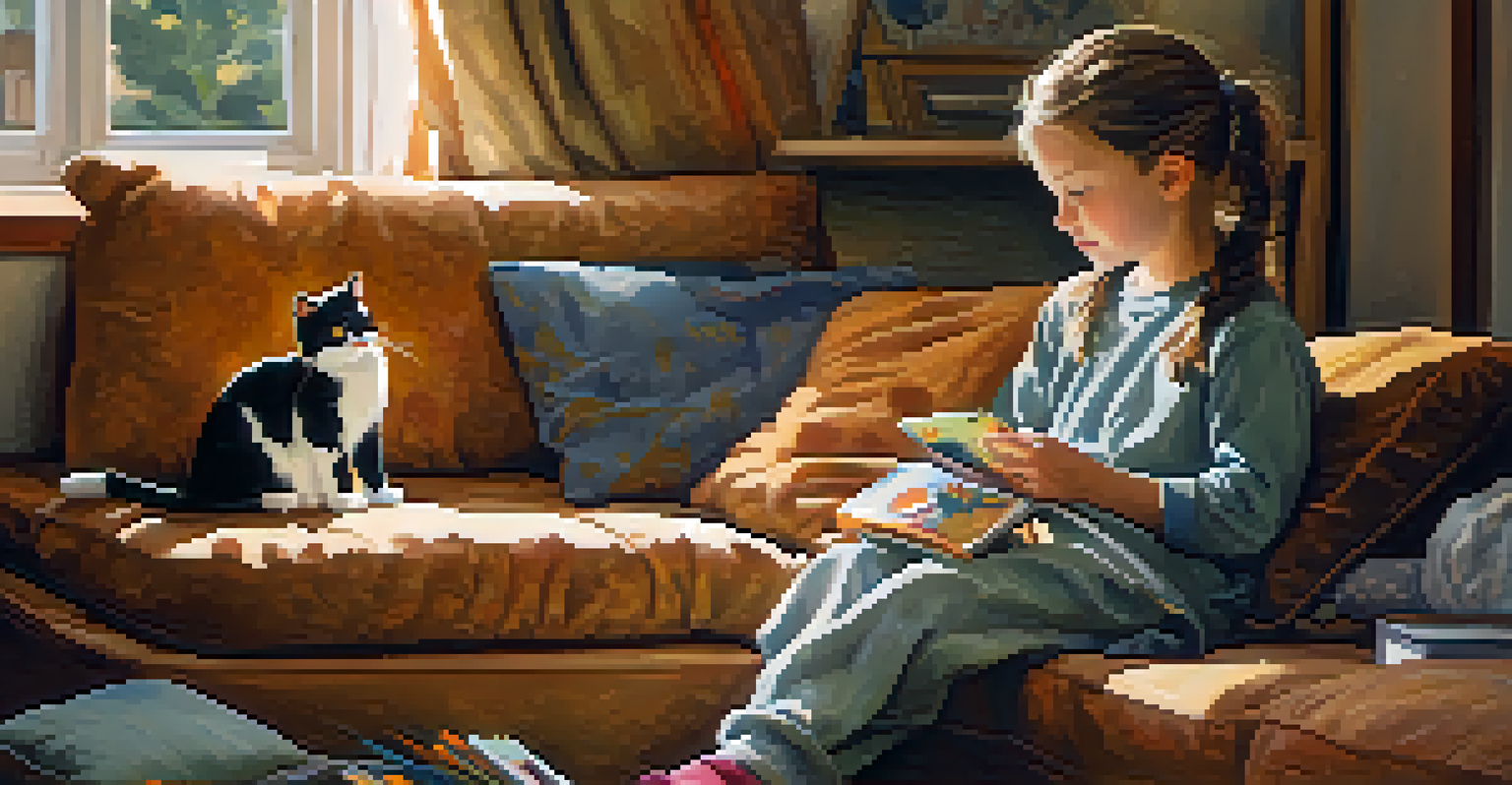 A child talking to a cat on a cozy sofa, surrounded by a warm and inviting living room.