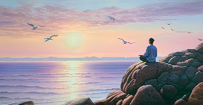 A person meditating on a cliff by the sea at sunrise with pastel-colored skies and calm waters.