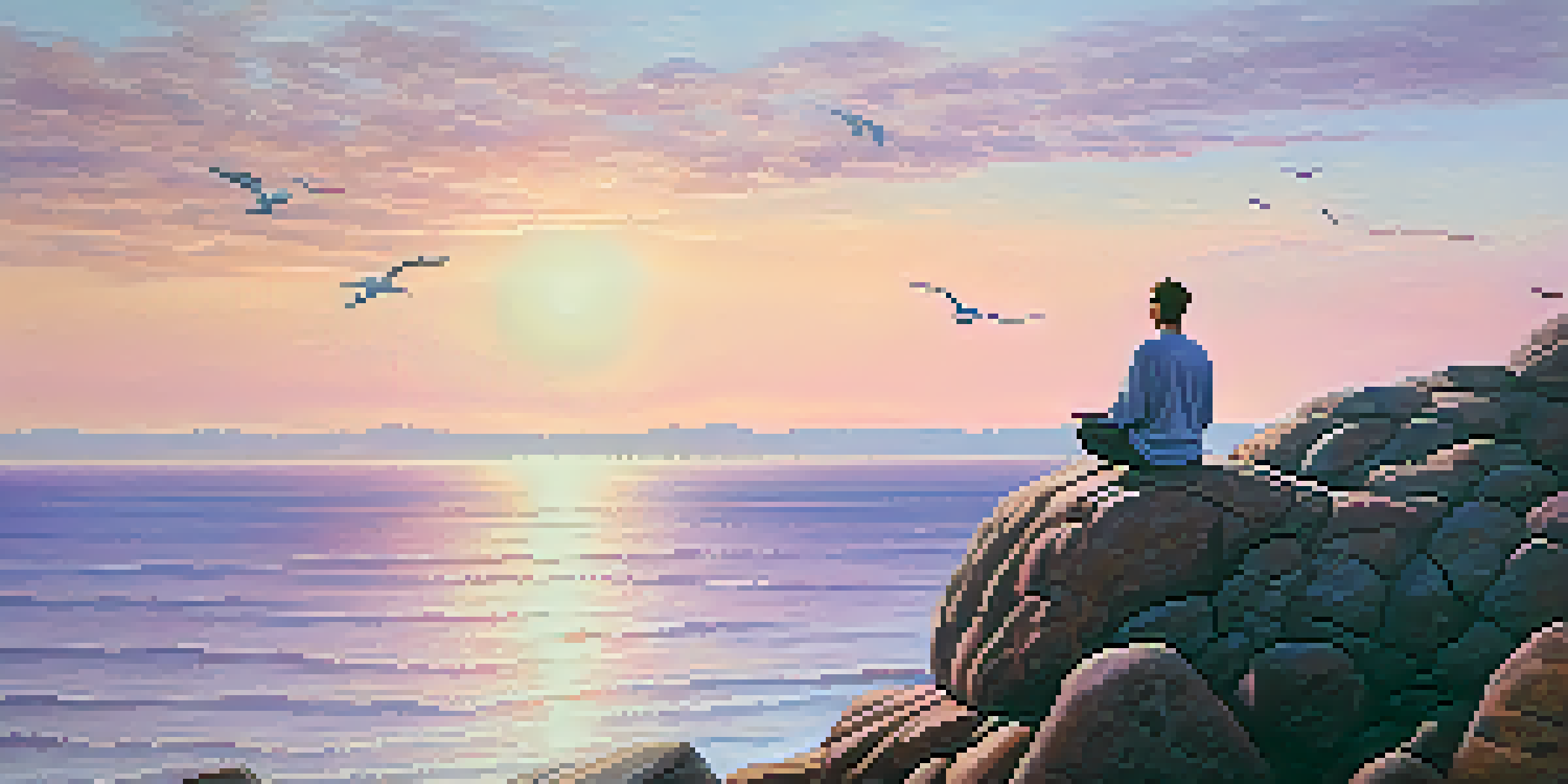 A person meditating on a cliff by the sea at sunrise with pastel-colored skies and calm waters.
