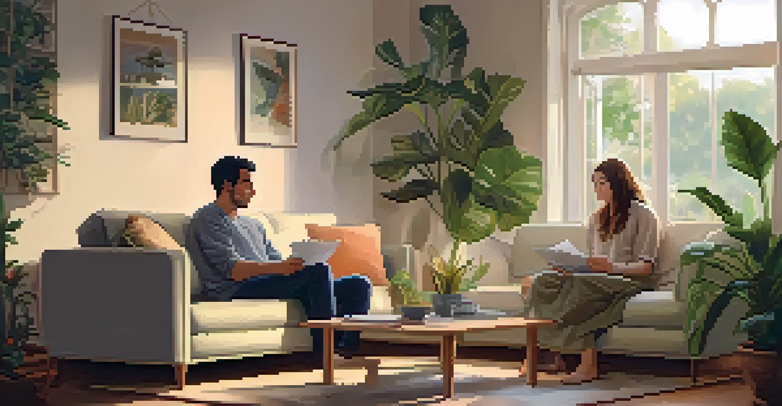 Two friends sitting on a sofa, one listening intently while the other shares feelings, in a cozy living room.
