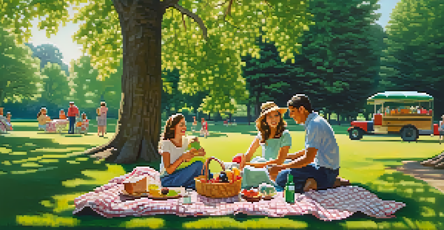 A family having a picnic on a blanket in a green park with trees and flowers.