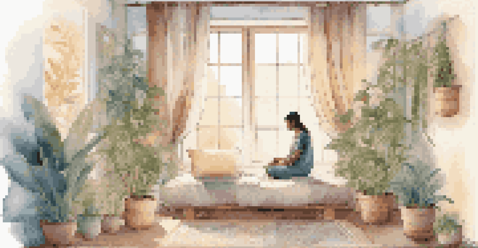 A peaceful meditation space with cushions and candles, natural light filtering through curtains, and a person meditating.