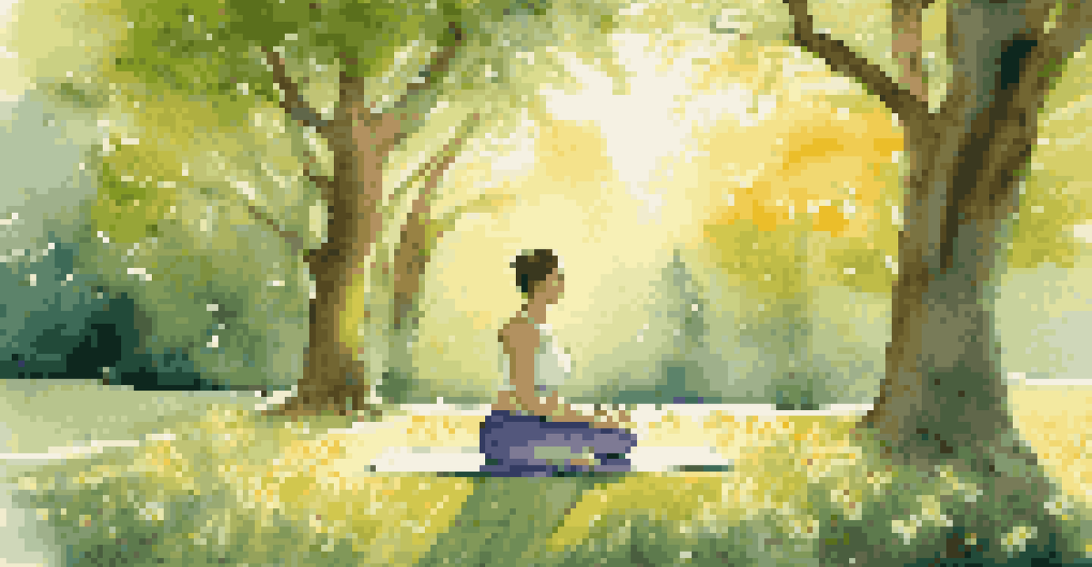 A person practicing mindfulness on a yoga mat in a park at sunrise, surrounded by nature and flowers.