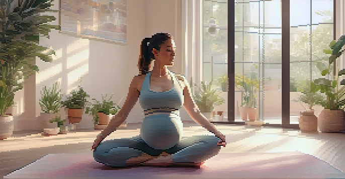 A pregnant woman practicing yoga in a peaceful studio filled with natural light and plants.